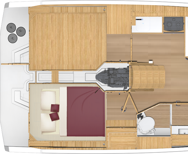 Bavaria C38, plattegrond slaapkamer met bed en badkamer