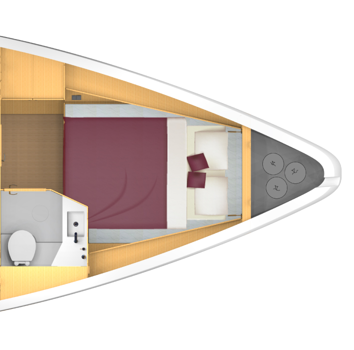 Bavaria C42, plattegrond slaapkamer met bed en badkamer