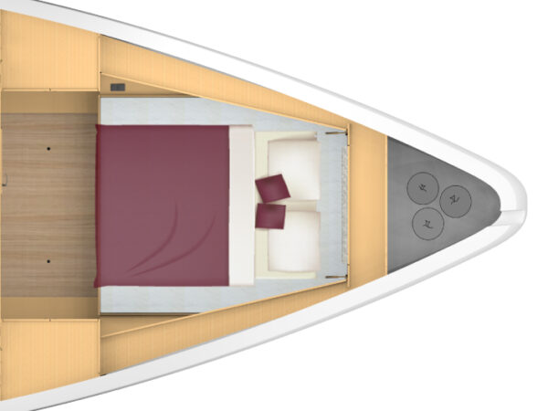 Bavaria C42, plattegrond slaapkamer met bed