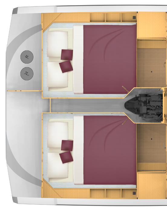 Bavaria C42, plattegrond twee slaapkamers met bedden