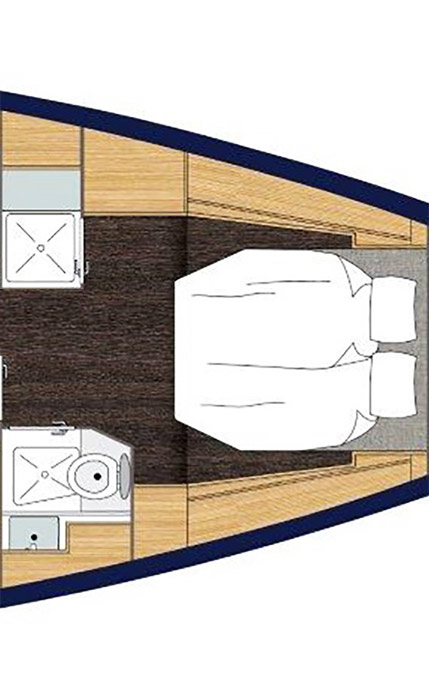 Bavaria C50, plattegrond boot met slaapkamer en badkamer