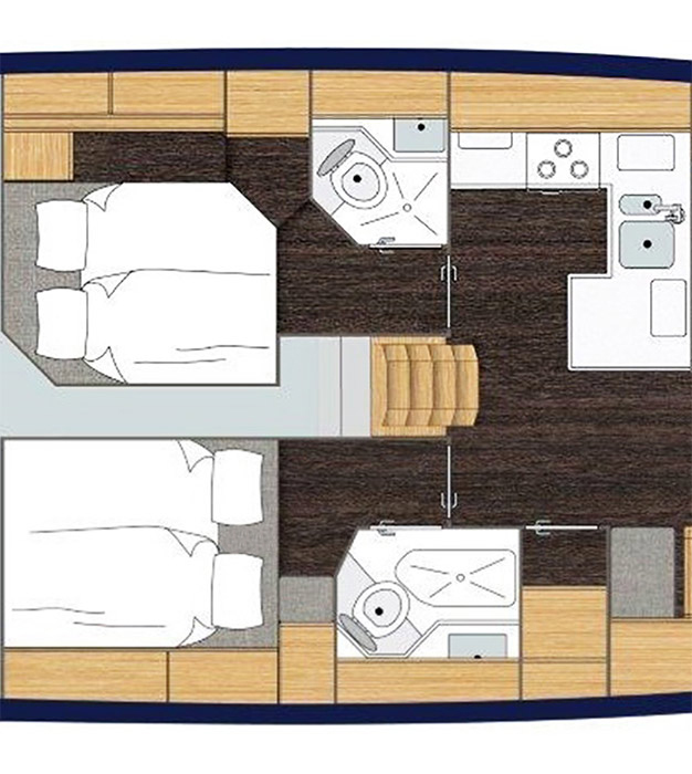 Bavaria C50, plattegrond boot met slaapkamers keuken