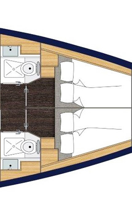 Bavaria C50, plattegrond met slaapkamers en badkamers
