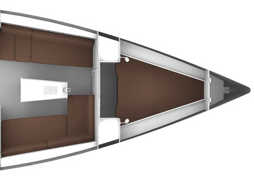 Bavaria CRUISER 34, plattegrond kajuit met zitbanken