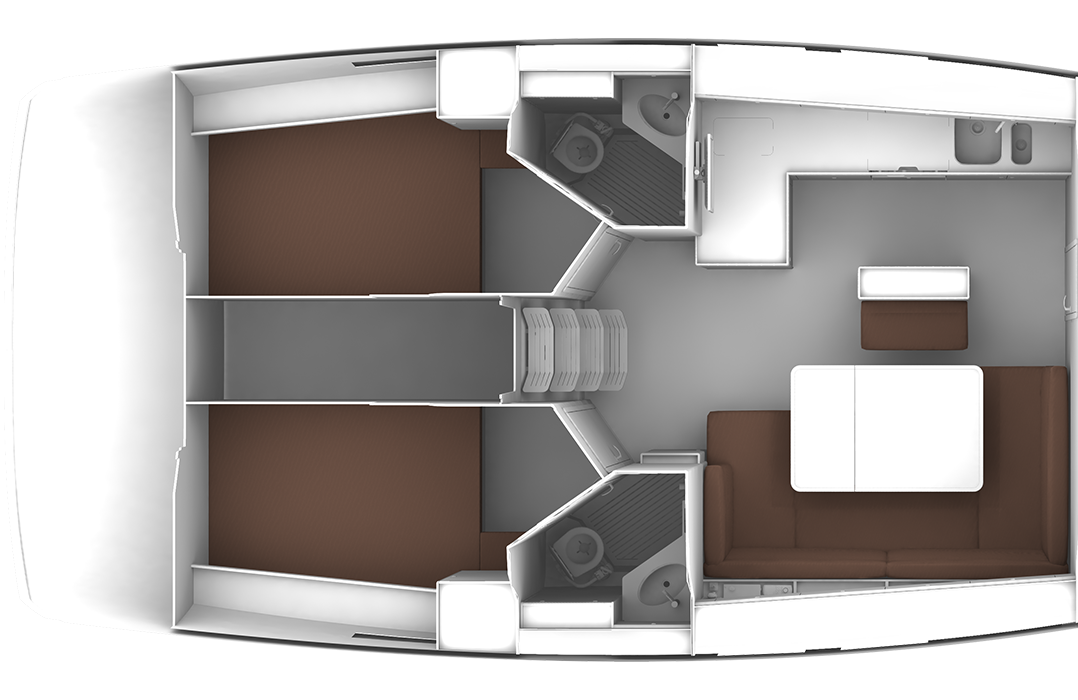 Bavaria CRUISER 46, plattegrond indeling boot met hutten