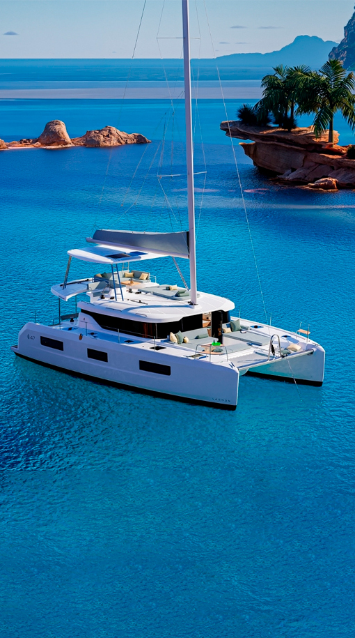 Lagoon 47, catamaran voor anker bij eiland
