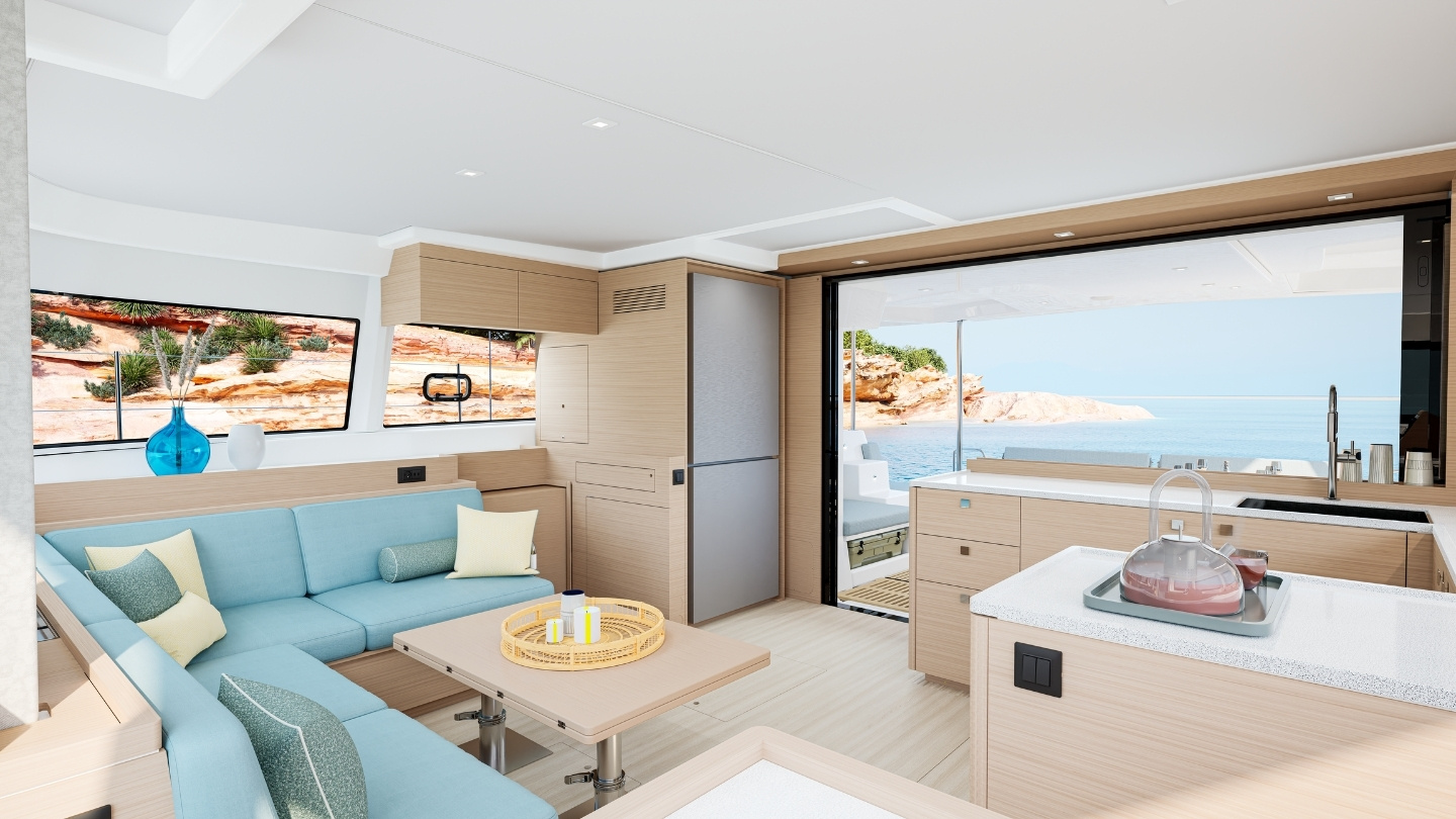 Lagoon 47, salon met keuken uitzicht