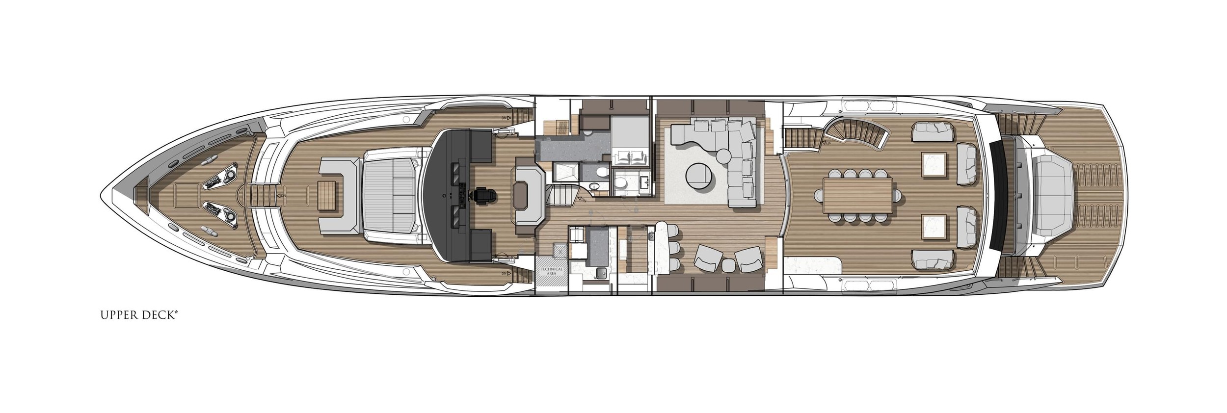 Sunseeker 134 Superyacht, plattegrond bovendek van jacht