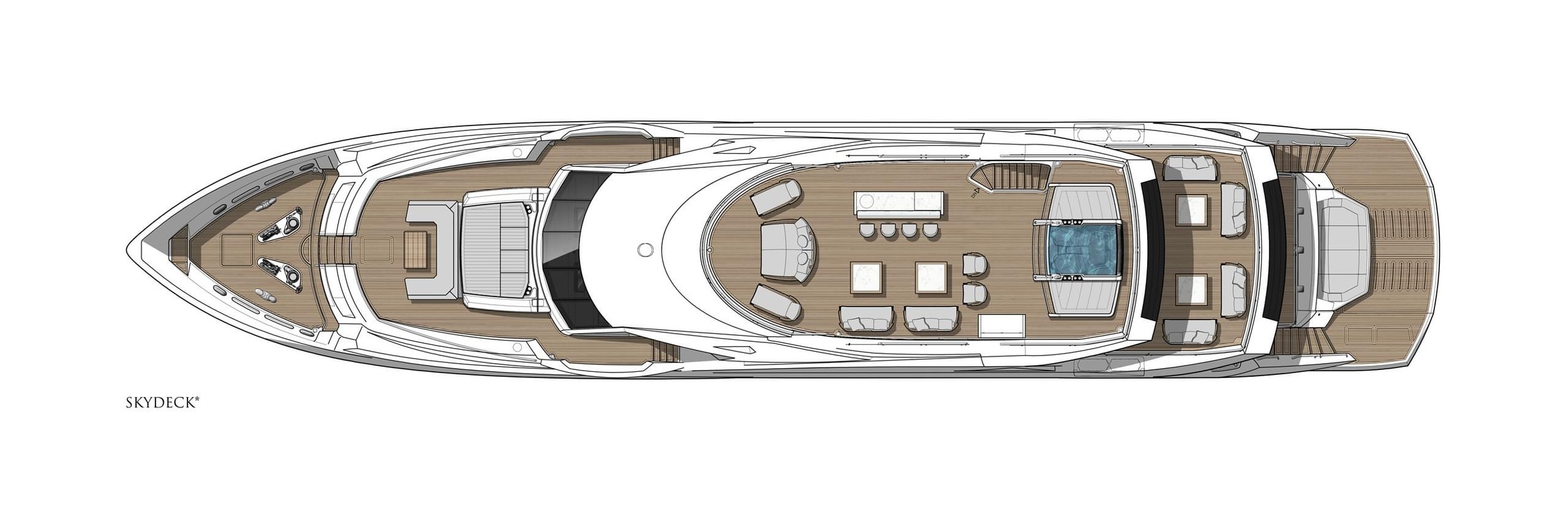 Sunseeker 134 Superyacht, plattegrond skydeck met zwembad en loungebanken