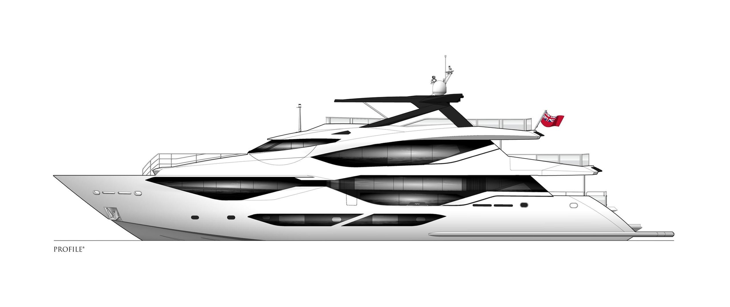 Sunseeker 134 Superyacht, zijaanzicht technische tekening jacht