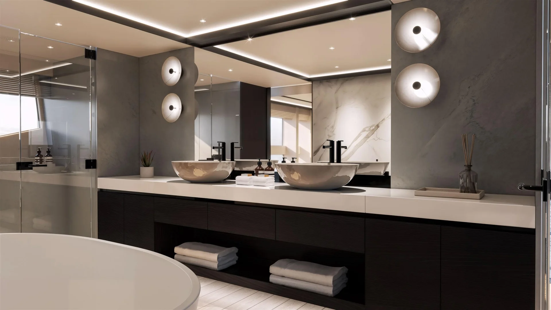 Sunseeker 134 Superyacht, badkamer met dubbele wastafel