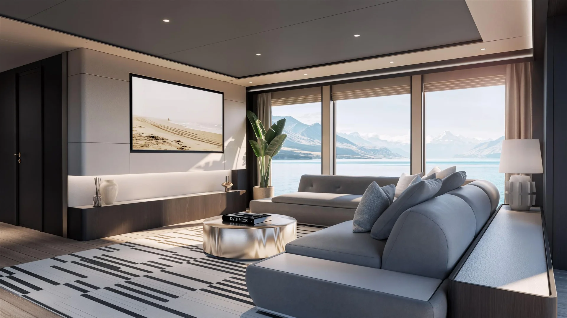 Sunseeker 134 Superyacht, lounge met zeezicht en bergen