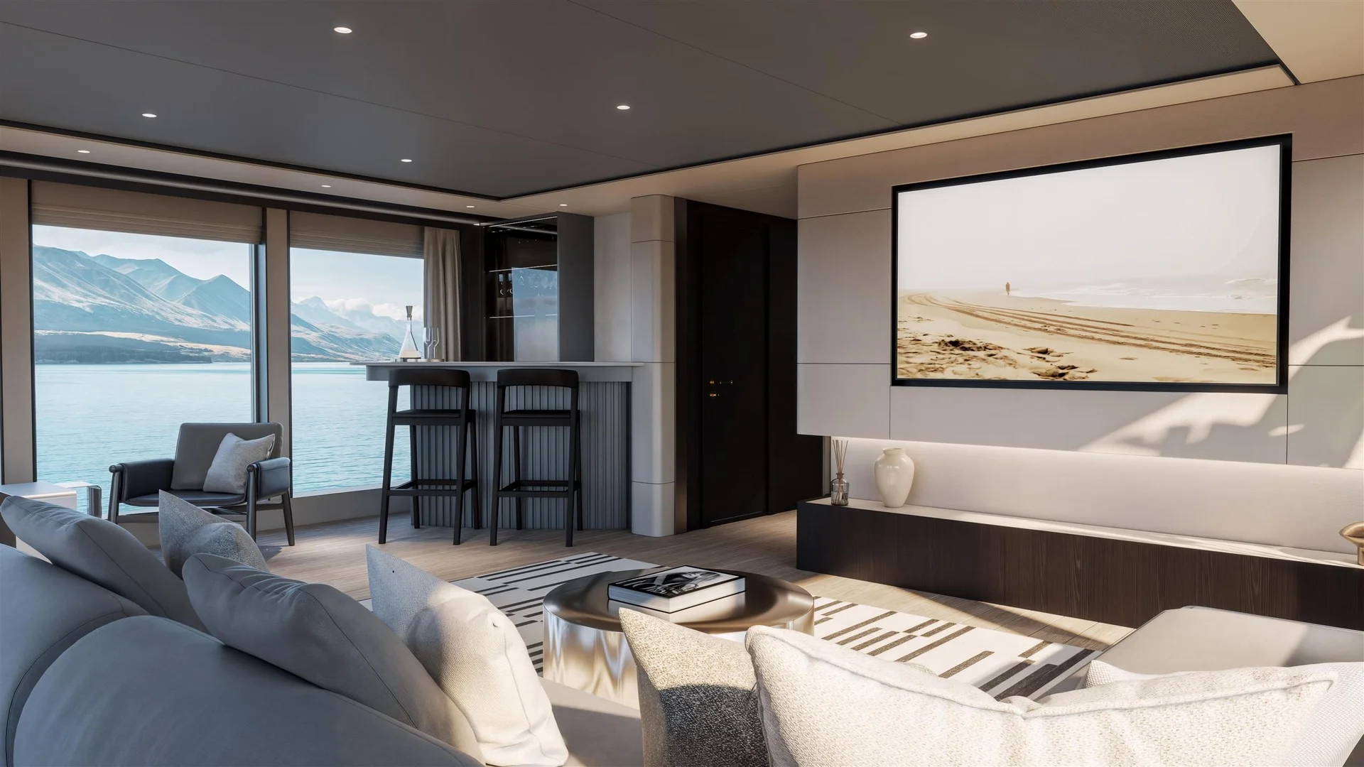 Sunseeker 134 Superyacht, lounge met zithoek en bar