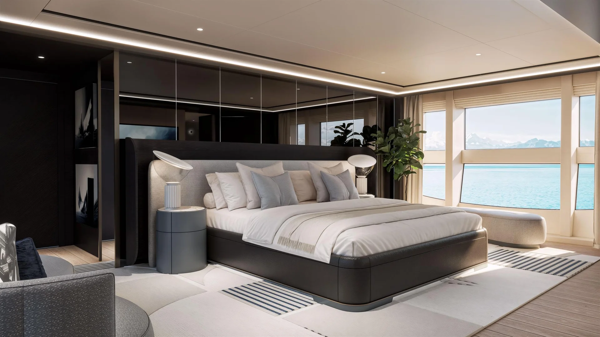 Sunseeker 134 Superyacht, luxe slaapkamer met zeezicht