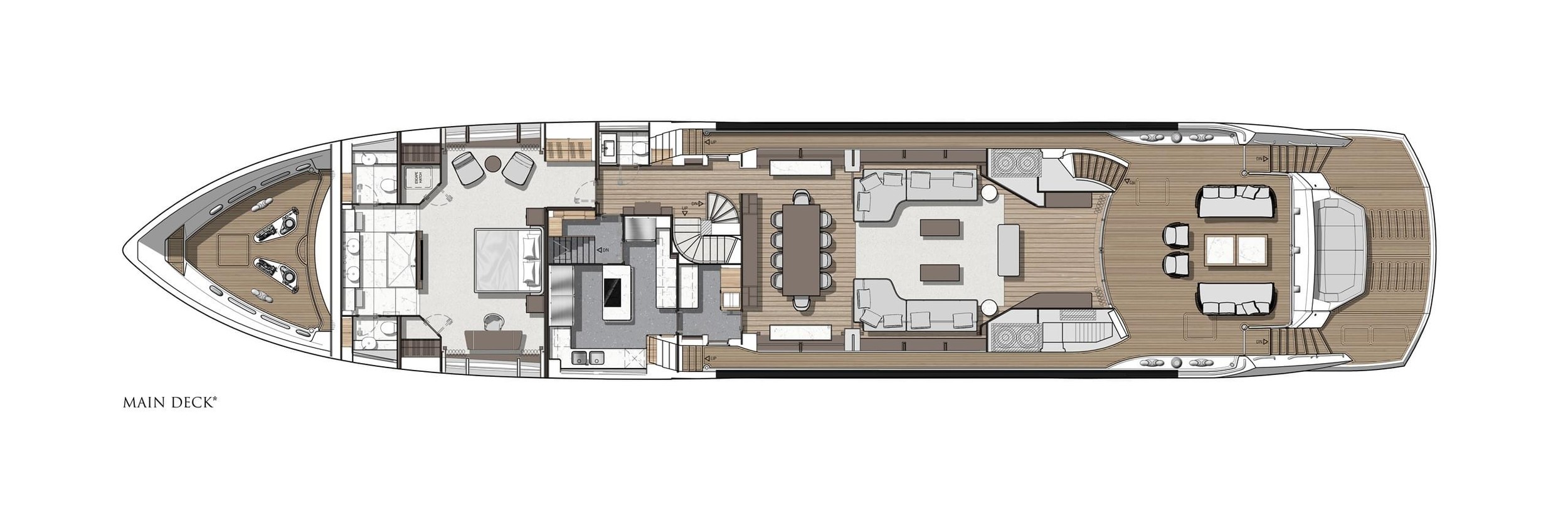 Sunseeker 134 Superyacht, plattegrond hoofddek met salon