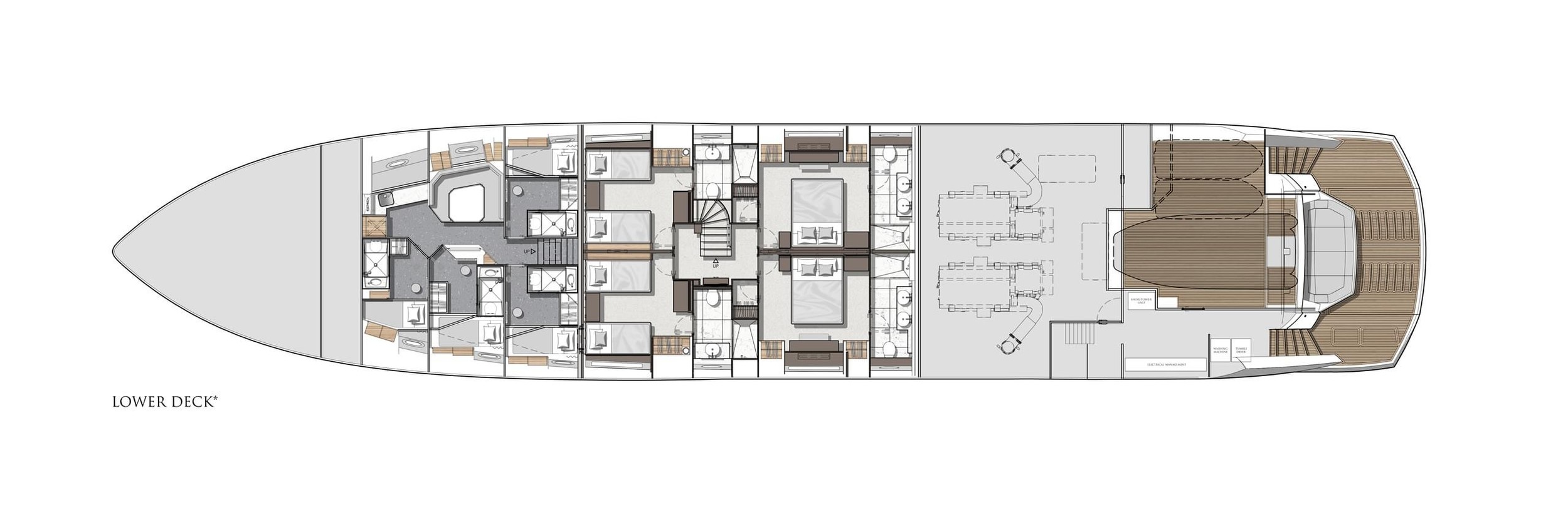 Sunseeker 134 Superyacht, plattegrond onderdek met slaapkamers