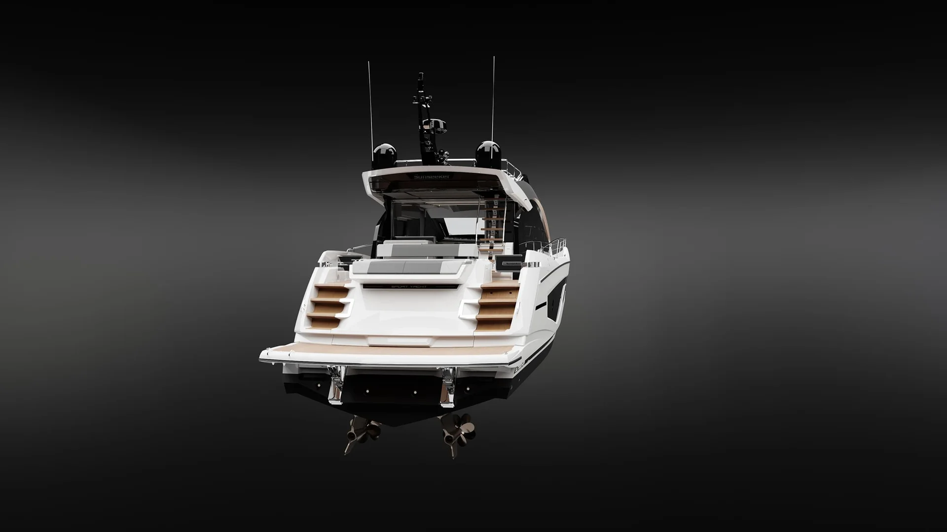 Sunseeker 65 Sport Yacht, achteraanzicht jacht zwevend zwarte achtergrond
