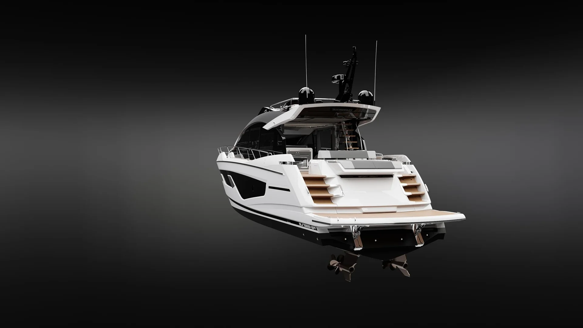 Sunseeker 65 Sport Yacht, witte boot achteraanzicht zwarte achtergrond