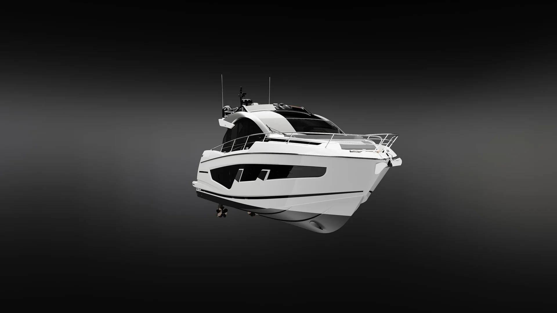 Sunseeker 65 Sport Yacht, witte boot zwevend op zwarte achtergrond