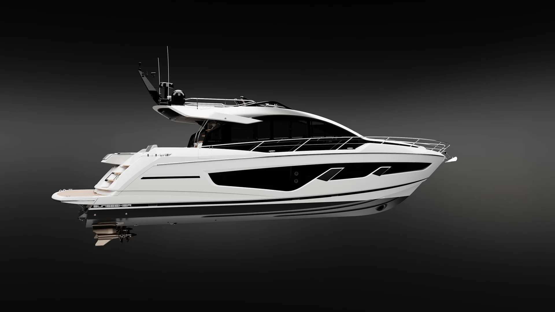 Sunseeker 65 Sport Yacht, witte jacht op studioachtergrond