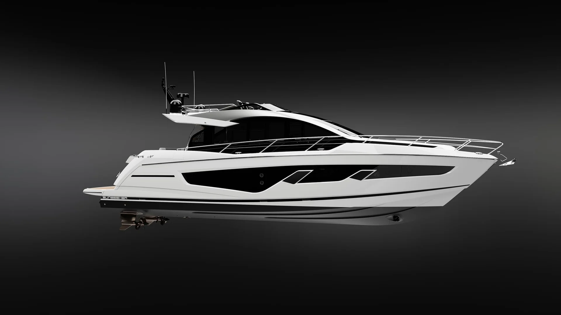 Sunseeker 65 Sport Yacht, witte jacht op studioachtergrond