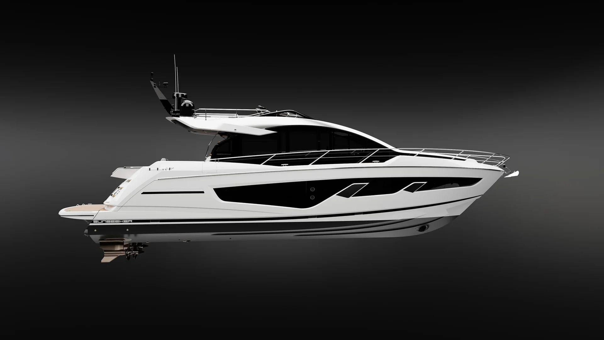 Sunseeker 65 Sport Yacht, witte jacht op zwarte achtergrond