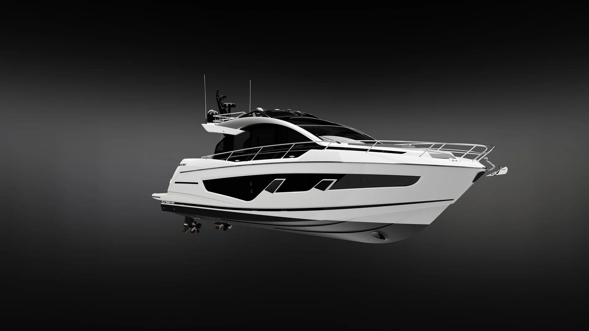 Sunseeker 65 Sport Yacht, witte jacht op zwarte achtergrond