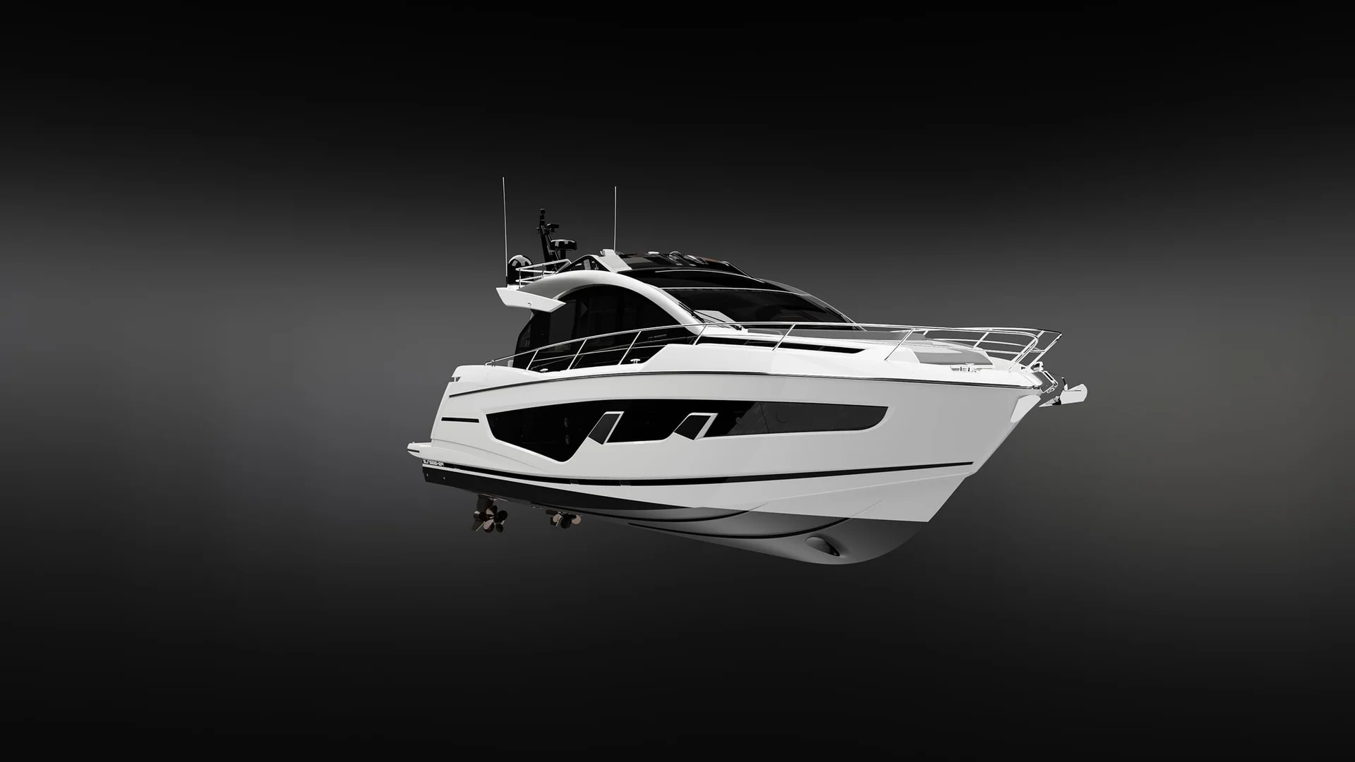 Sunseeker 65 Sport Yacht, witte jacht op zwarte achtergrond