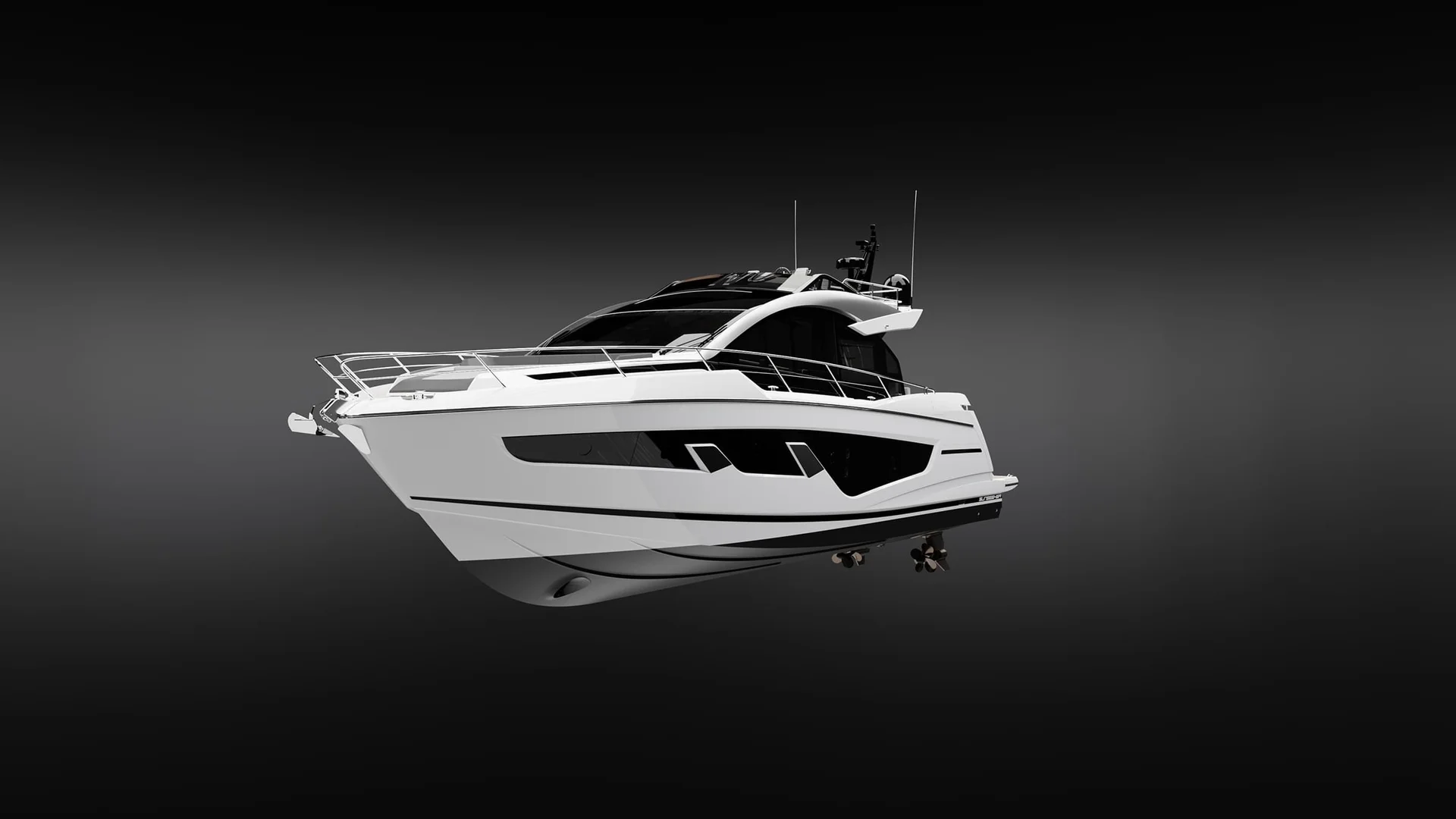 Sunseeker 65 Sport Yacht, witte jacht op zwarte achtergrond