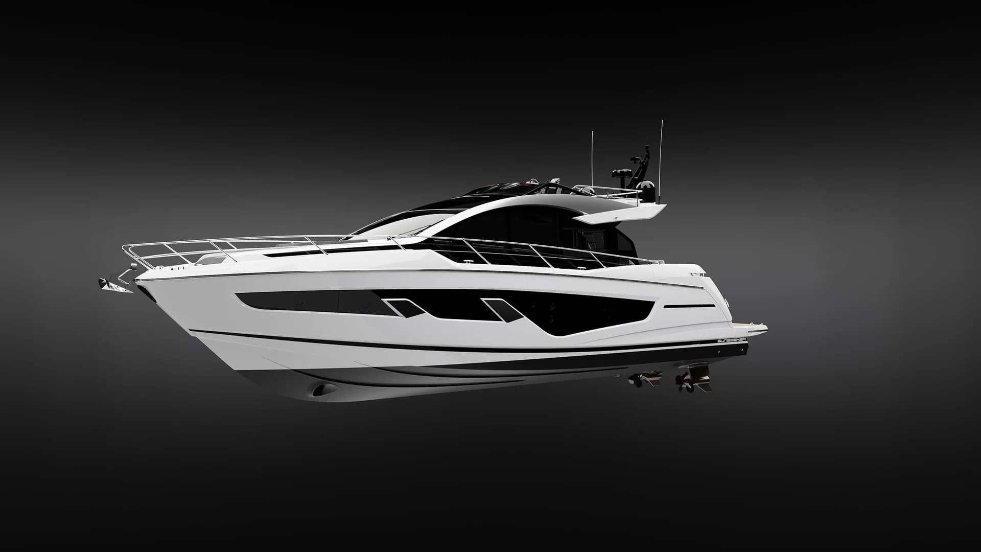 Sunseeker 65 Sport Yacht, witte jacht op zwarte achtergrond
