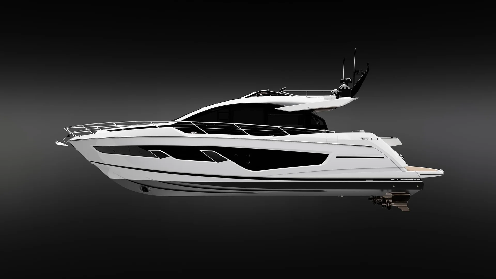 Sunseeker 65 Sport Yacht, witte jacht op zwarte achtergrond