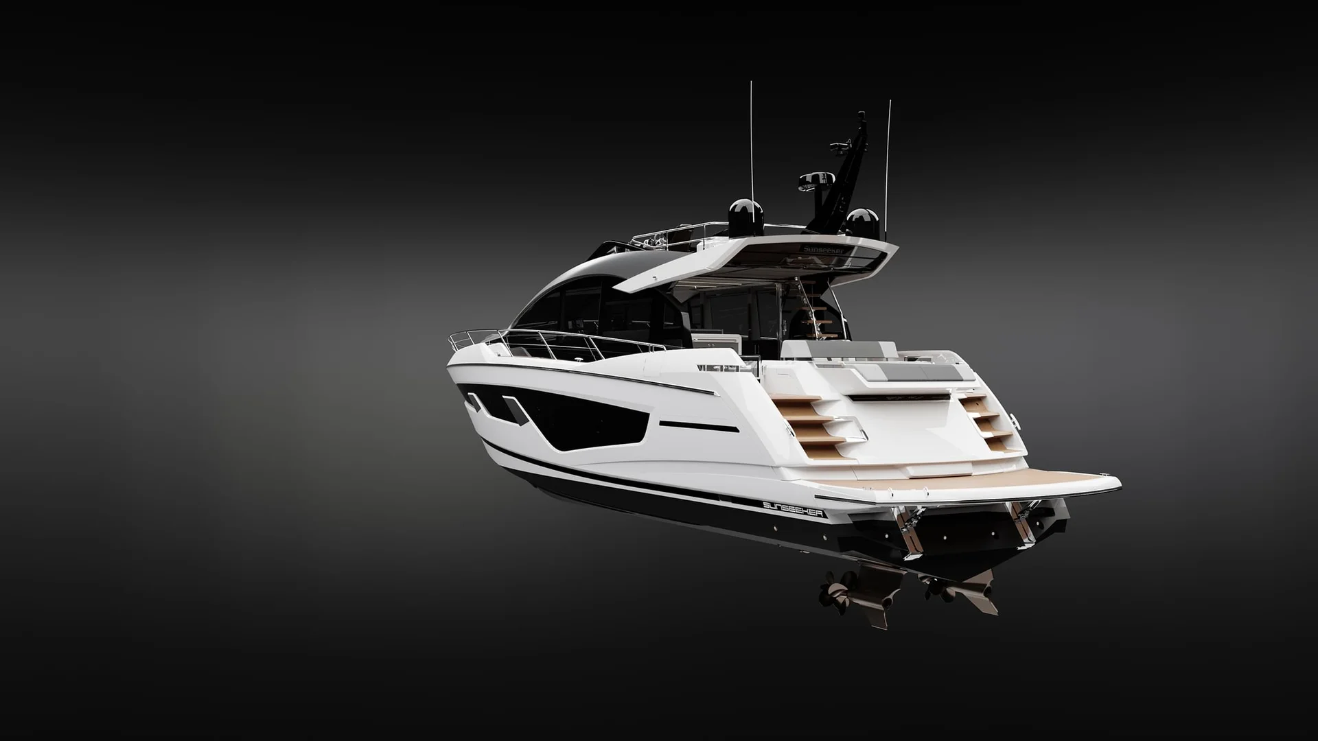 Sunseeker 65 Sport Yacht, witte jacht op zwarte achtergrond