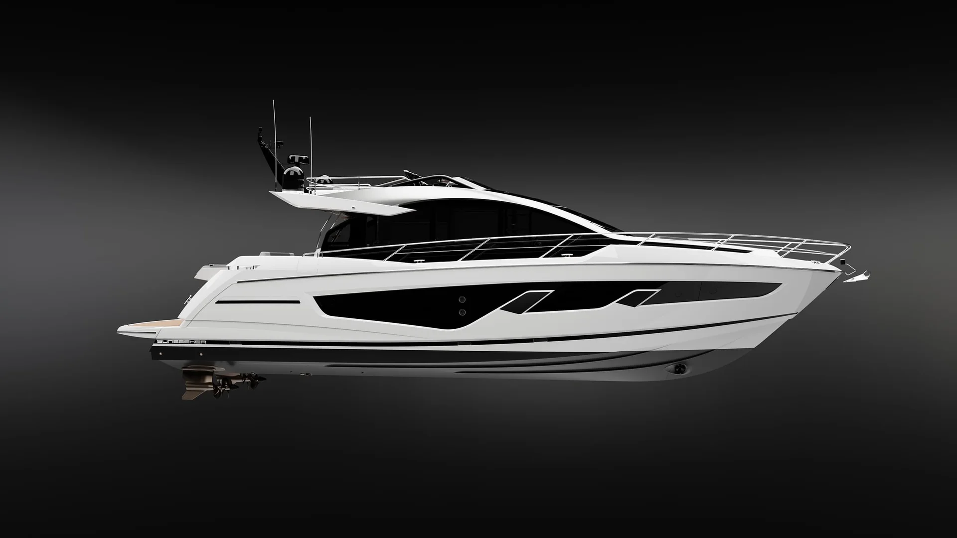 Sunseeker 65 Sport Yacht, witte jacht zijaanzicht studio