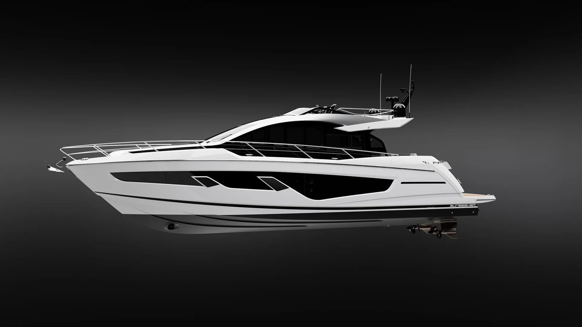 Sunseeker 65 Sport Yacht, witte jacht zijaanzicht studio
