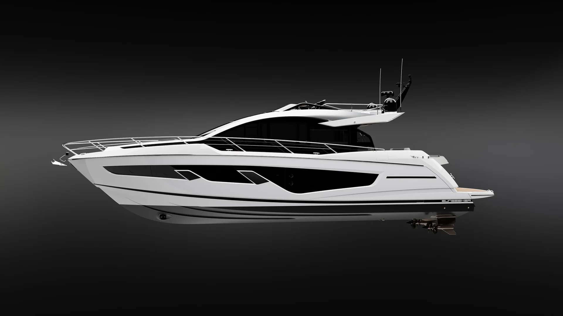 Sunseeker 65 Sport Yacht, witte jacht zijaanzicht studio
