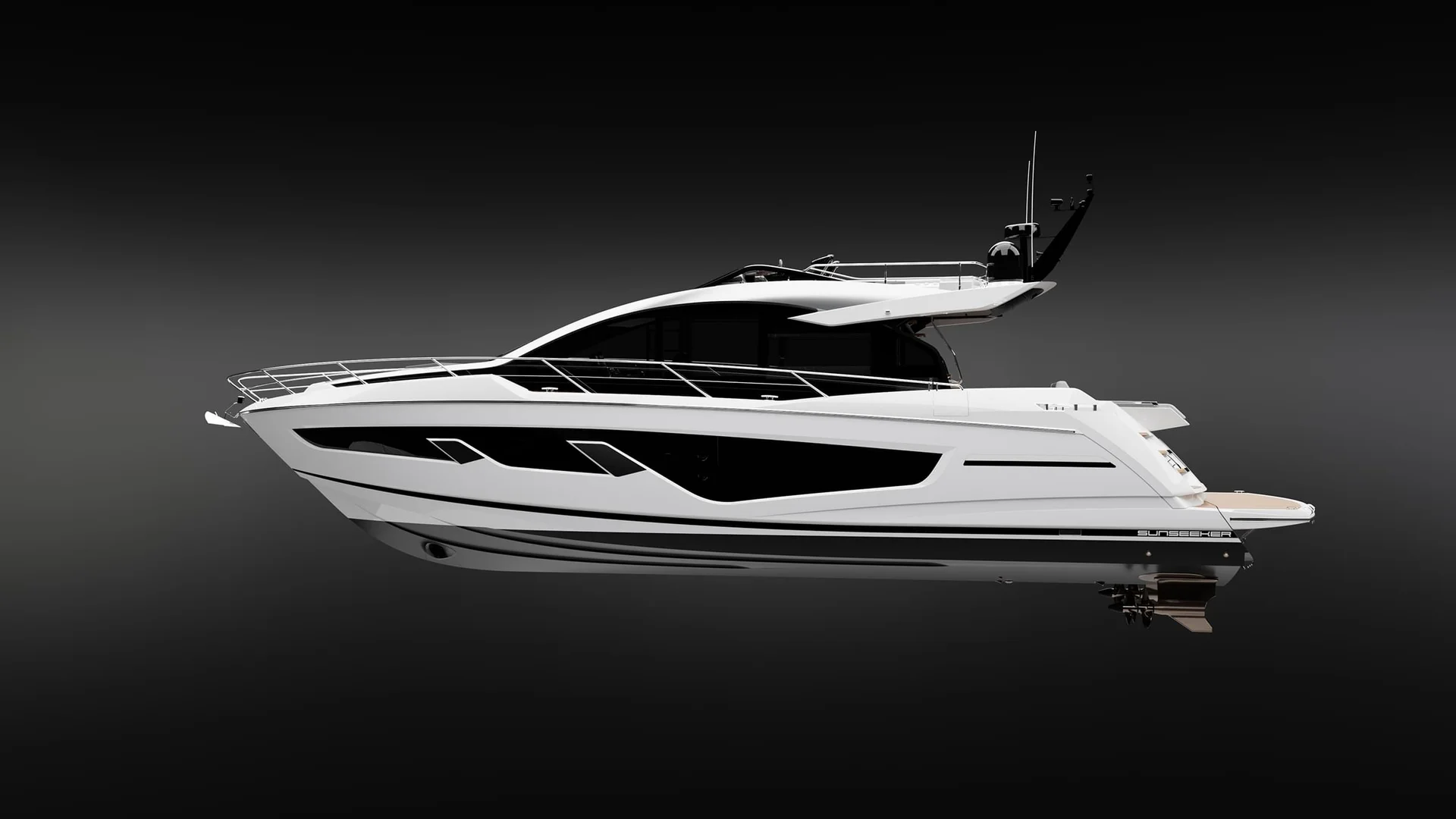 Sunseeker 65 Sport Yacht, witte jacht zijaanzicht studio