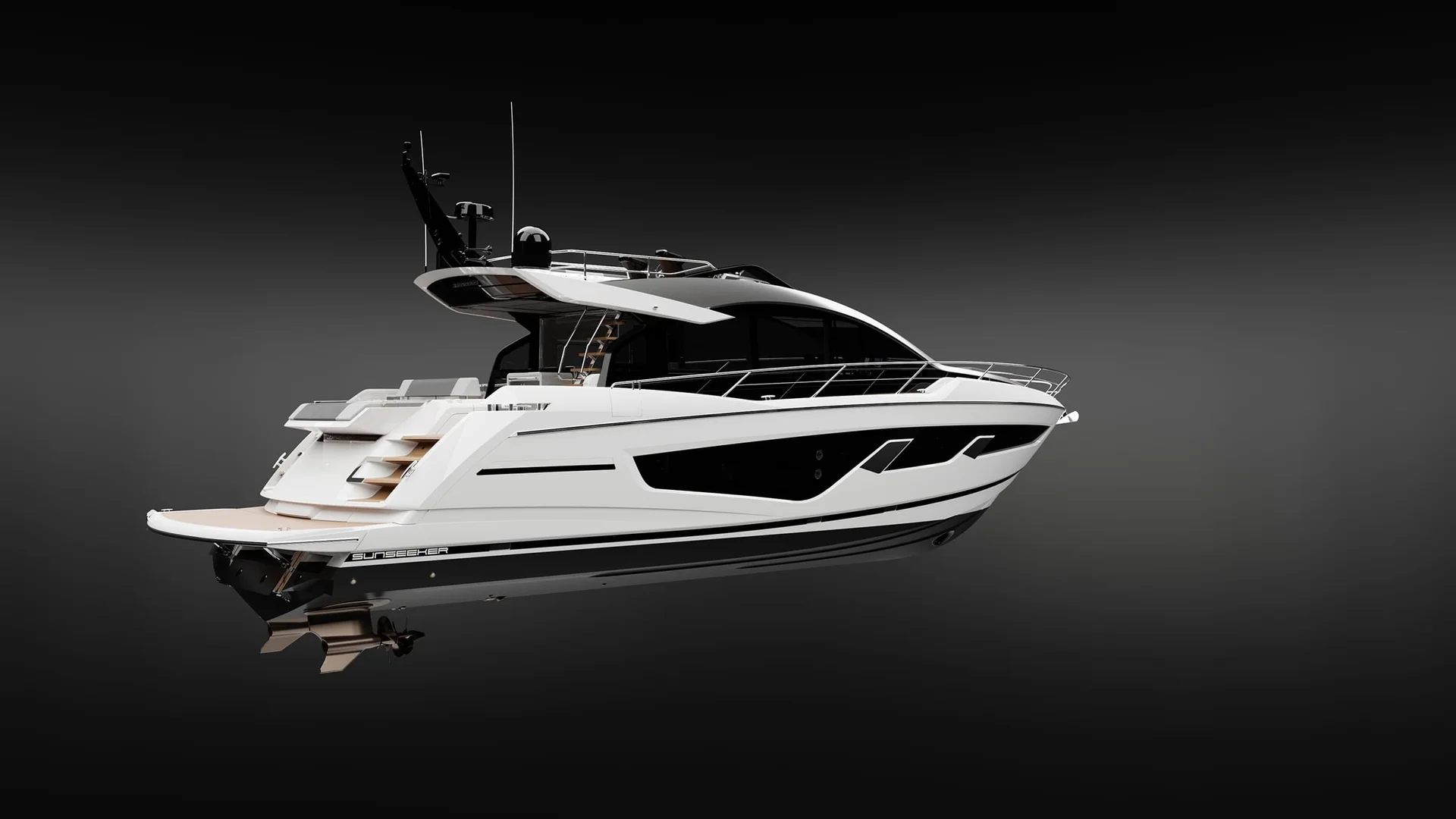 Sunseeker 65 Sport Yacht, witte motorjacht op studioachtergrond