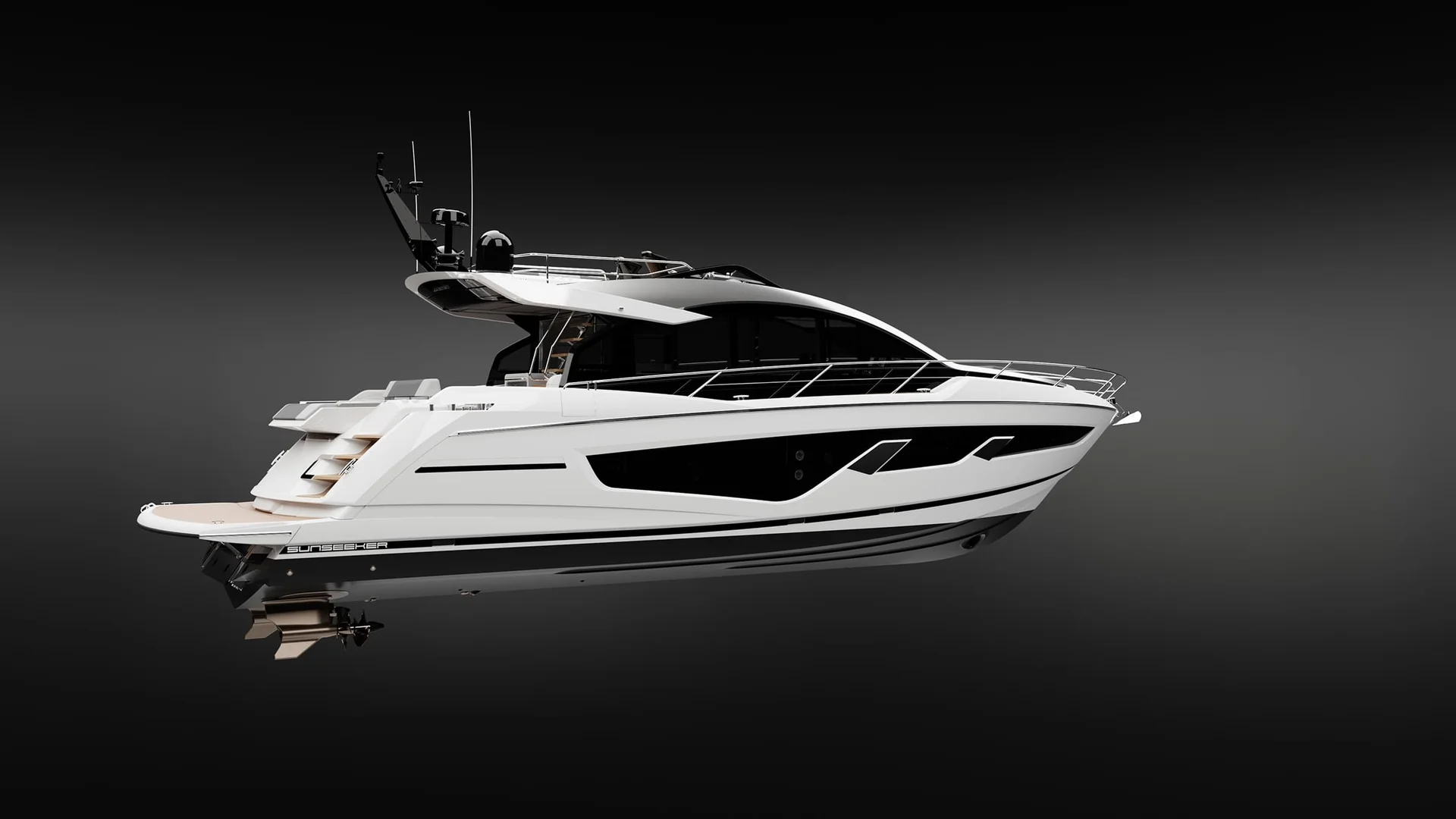 Sunseeker 65 Sport Yacht, witte motorjacht op studioachtergrond