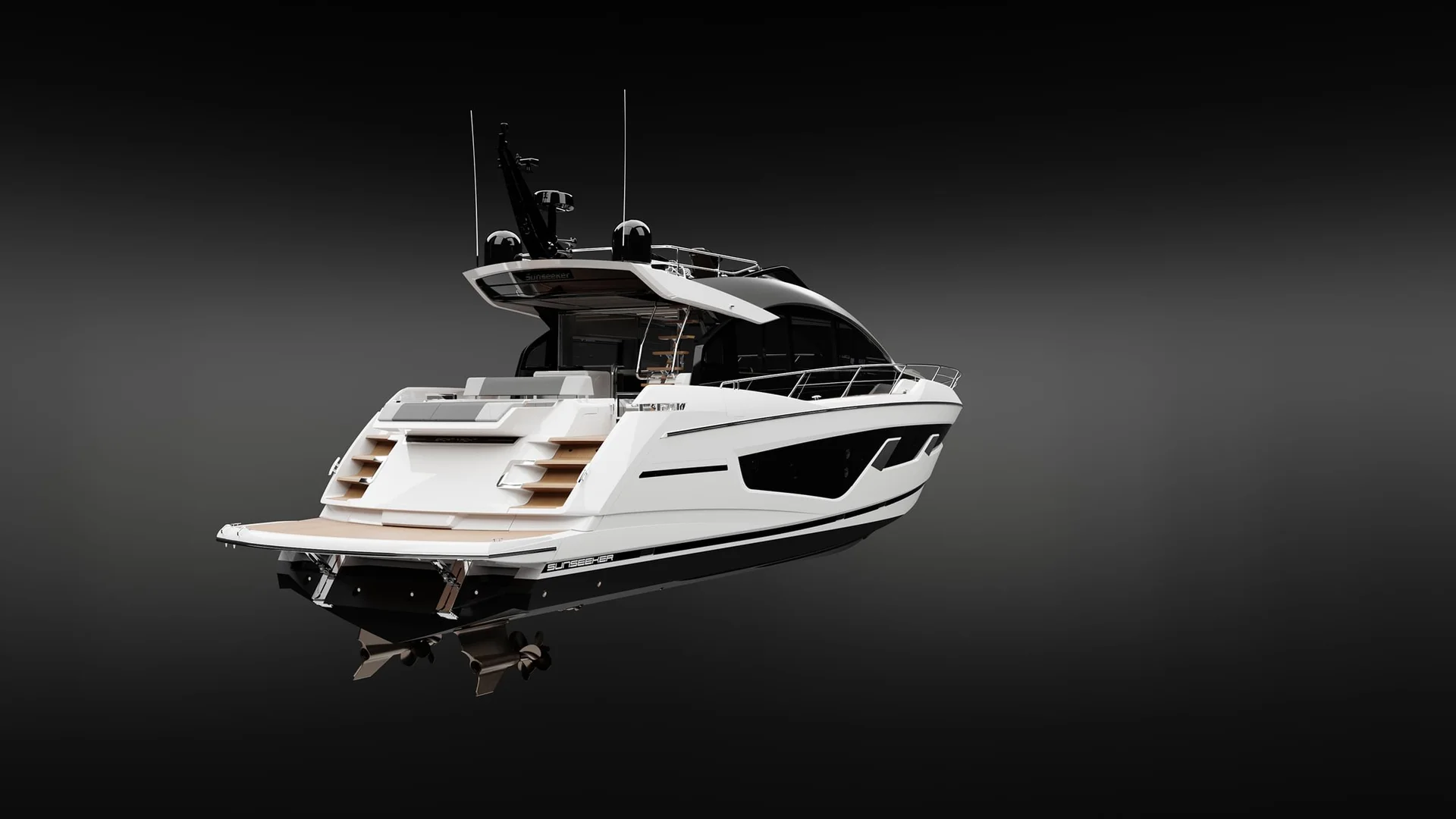 Sunseeker 65 Sport Yacht, witte motorjacht op zwarte achtergrond