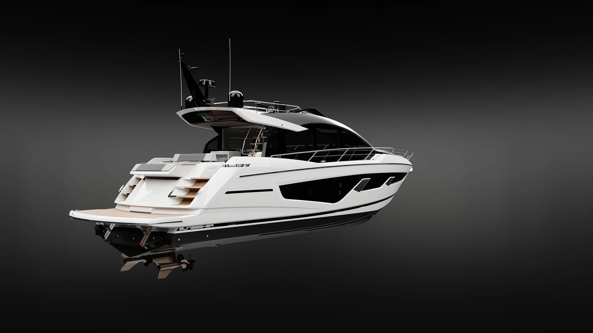 Sunseeker 65 Sport Yacht, witte motorjacht op zwarte achtergrond