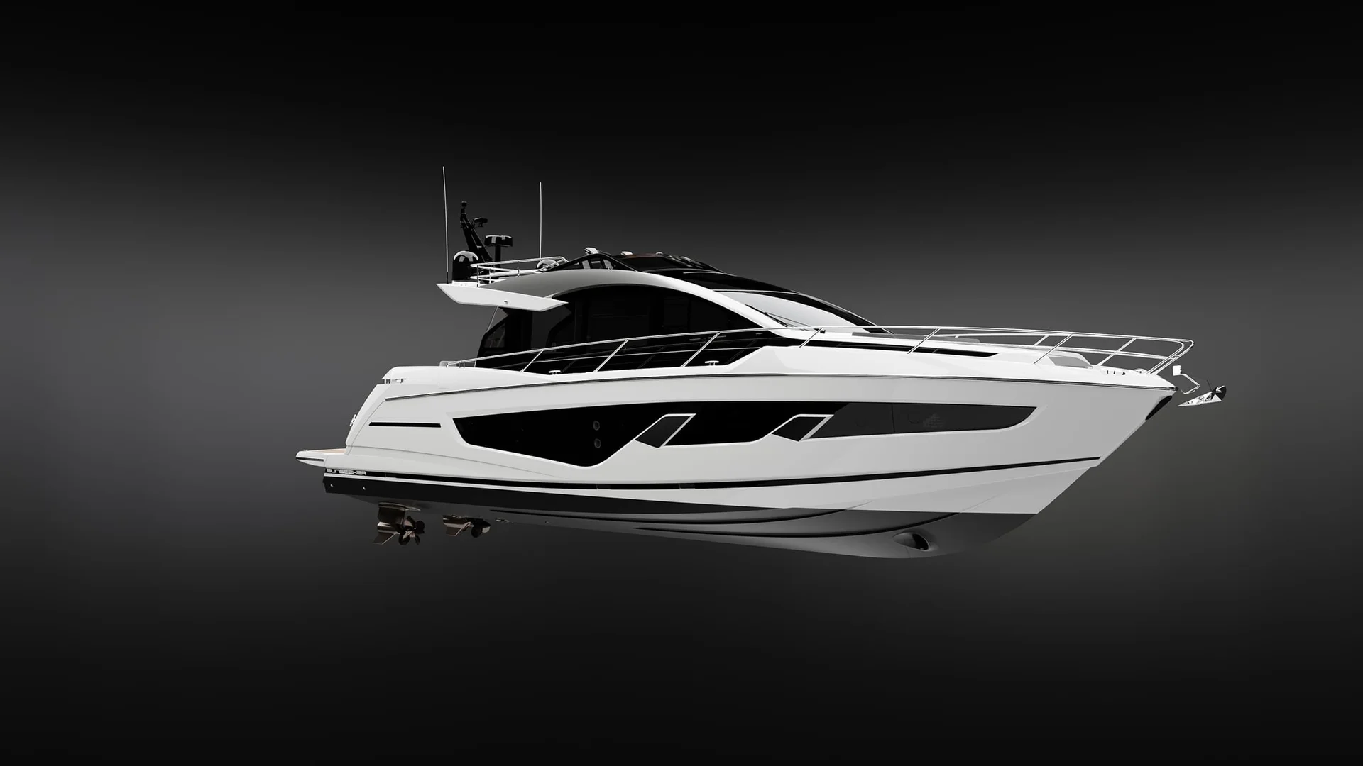 Sunseeker 65 Sport Yacht, witte motorjacht op zwarte achtergrond