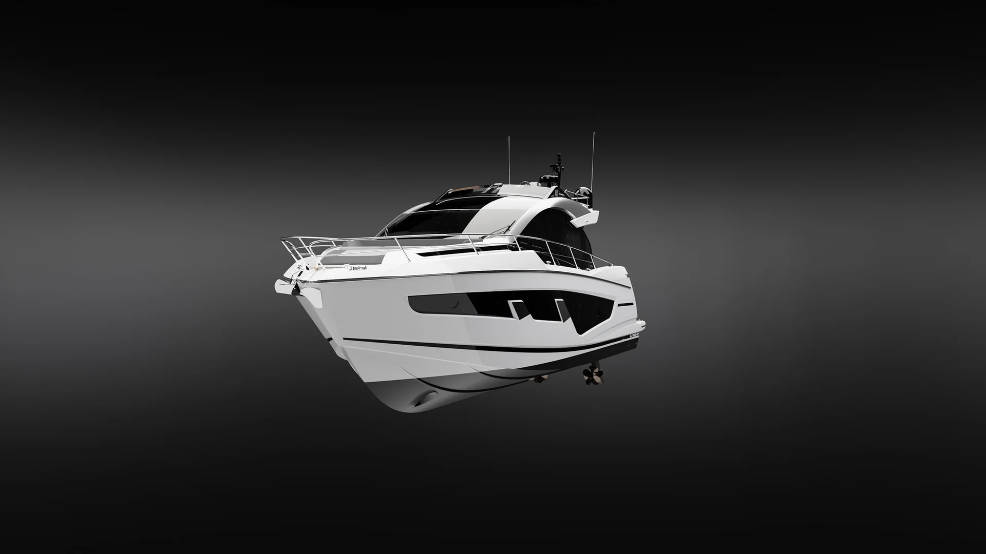 Sunseeker 65 Sport Yacht, witte motorjacht op zwarte achtergrond