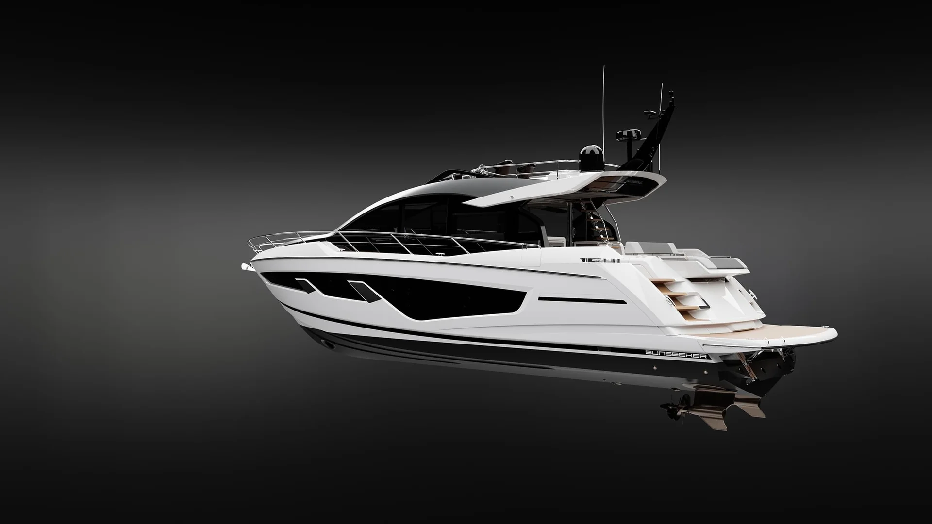 Sunseeker 65 Sport Yacht, witte motorjacht op zwarte achtergrond