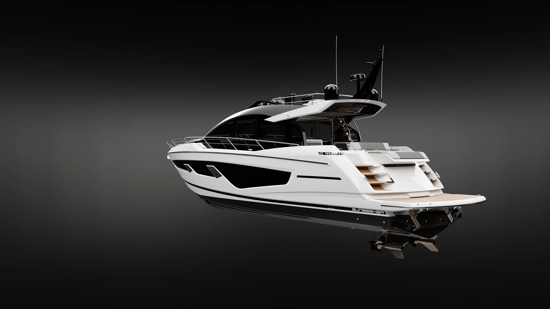 Sunseeker 65 Sport Yacht, witte motorjacht op zwarte achtergrond