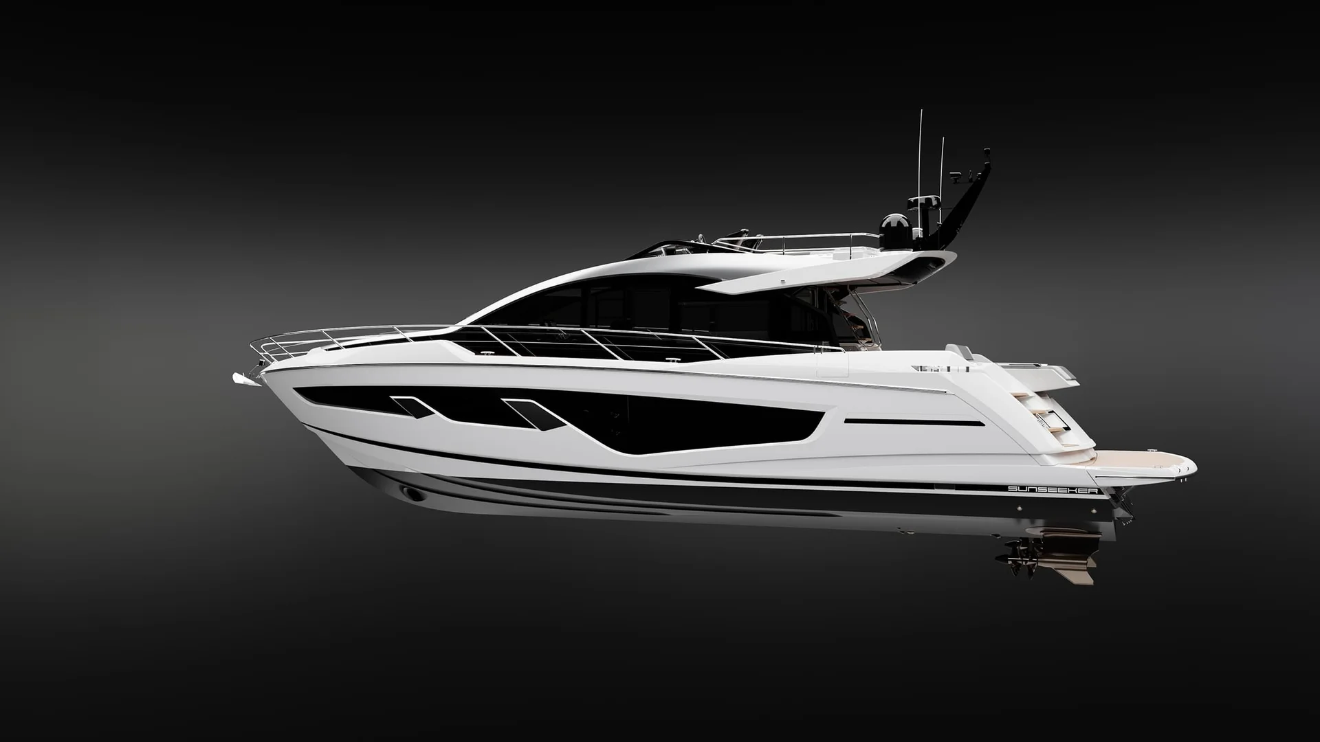 Sunseeker 65 Sport Yacht, witte motorjacht zijaanzicht studio