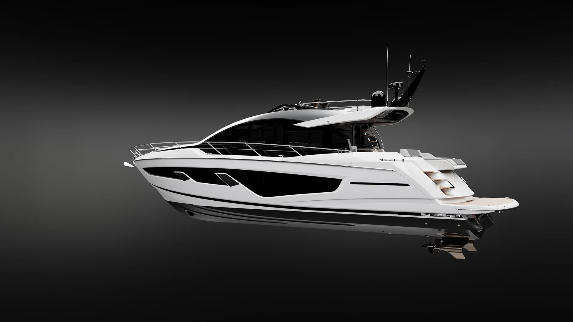Sunseeker 65 Sport Yacht, witte motorjacht zijaanzicht studio