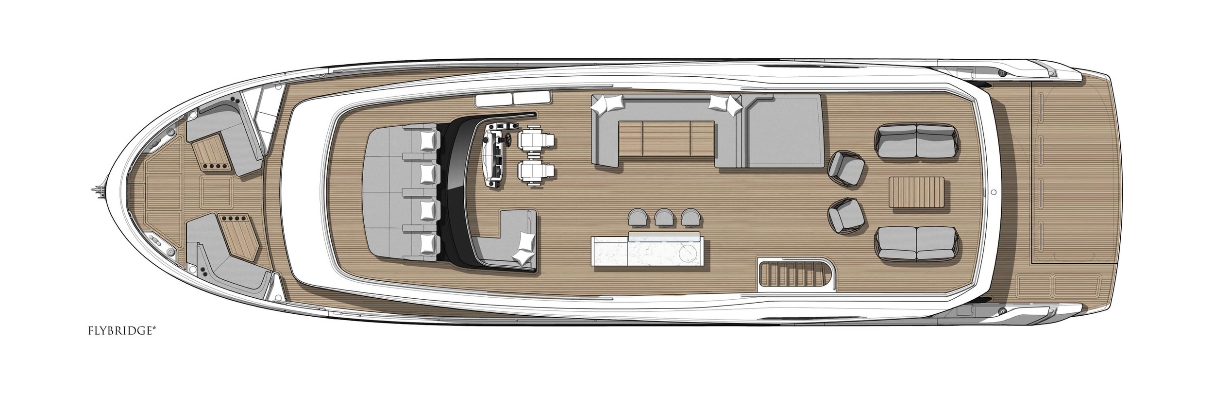Sunseeker 82 Ocean, plattegrond flybridge met lounge zithoek