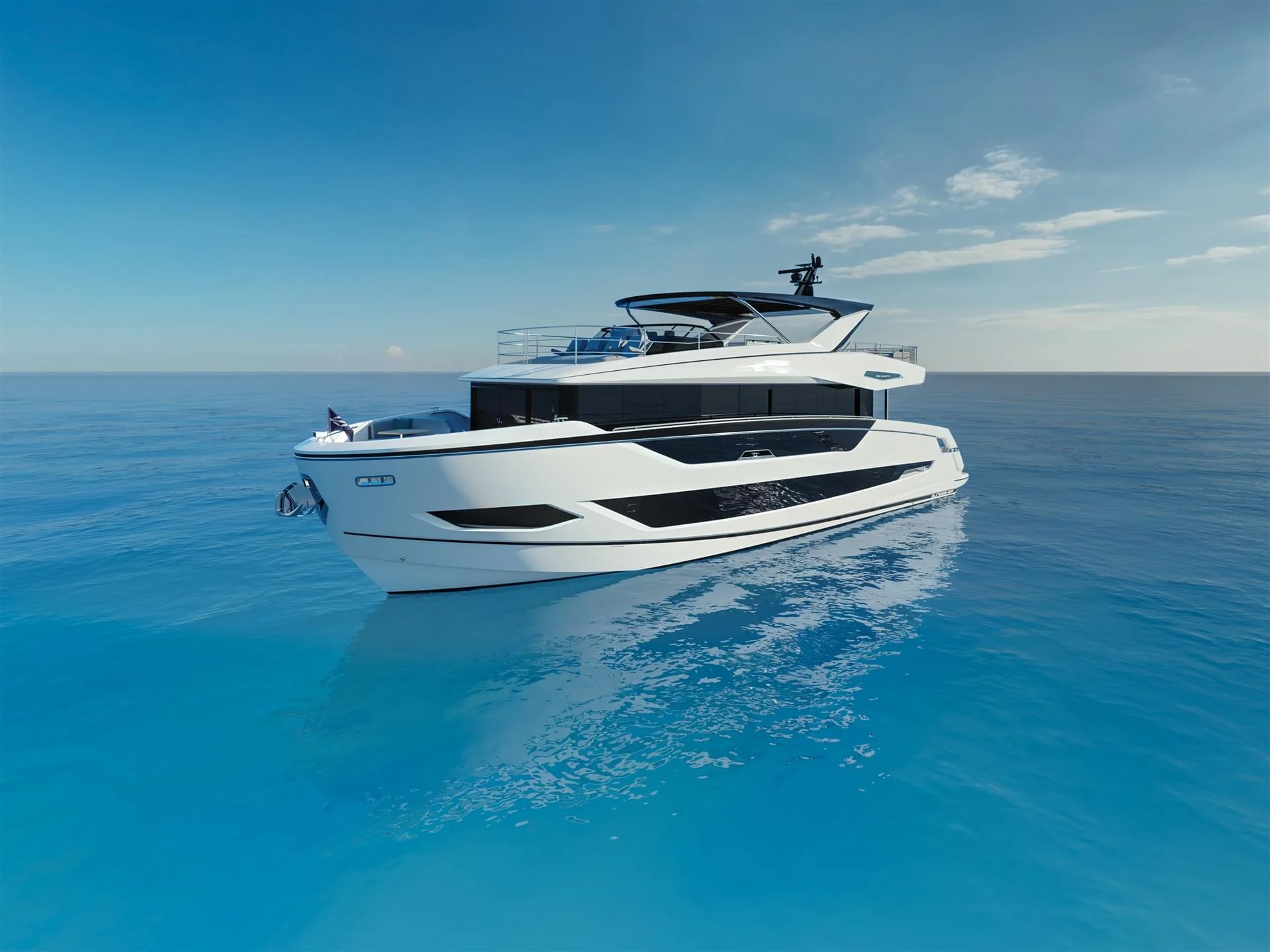 Sunseeker 82 Ocean, witte jacht varend op zee