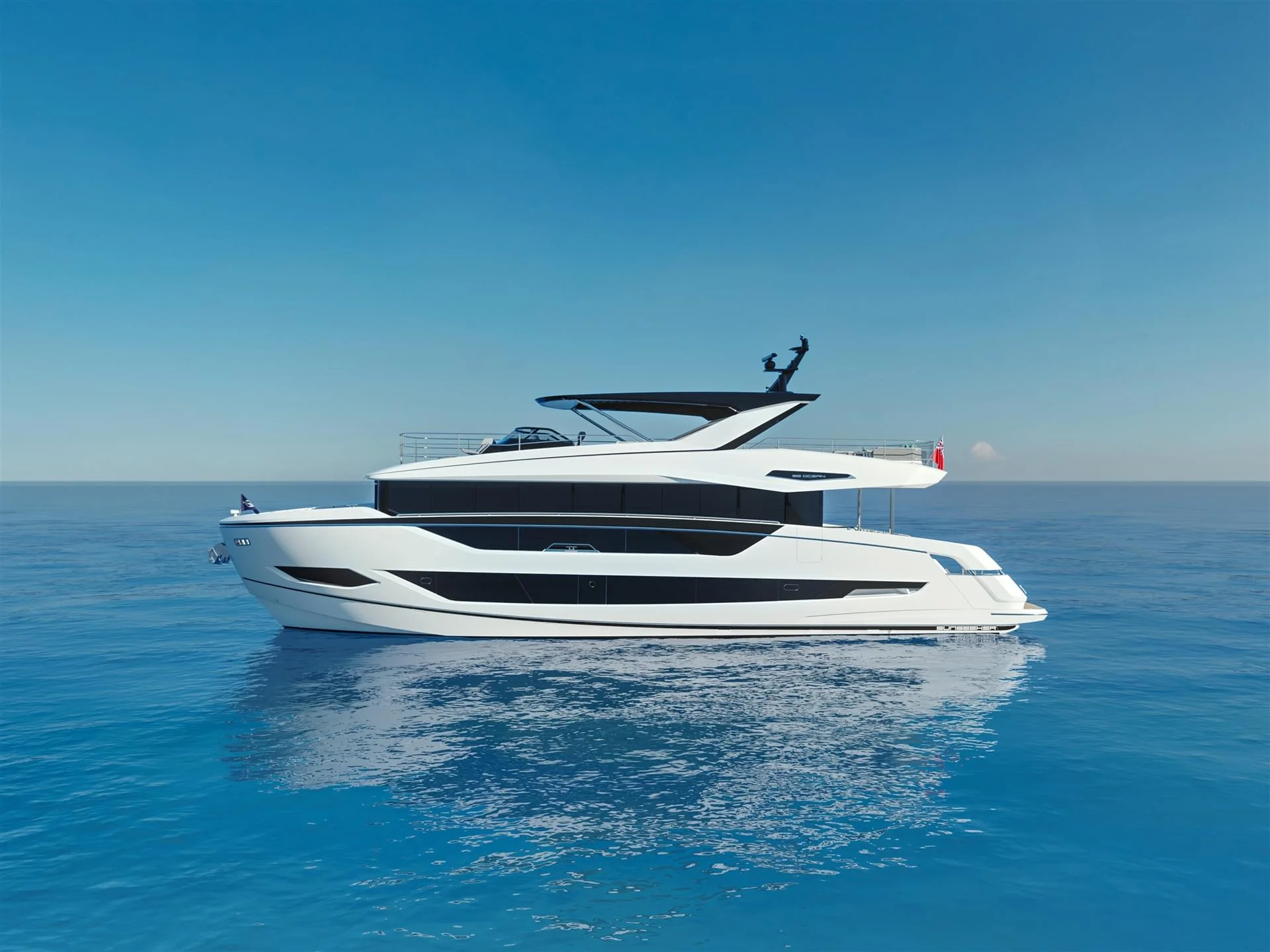 Sunseeker 82 Ocean, witte motorjacht op zee