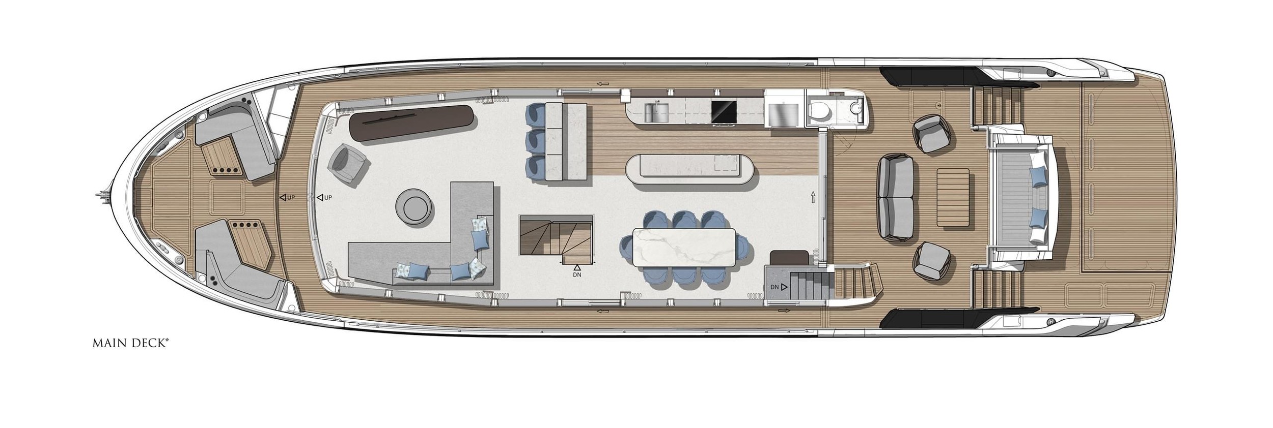 Sunseeker 82 Ocean, plattegrond hoofddek met lounge en eetkamer